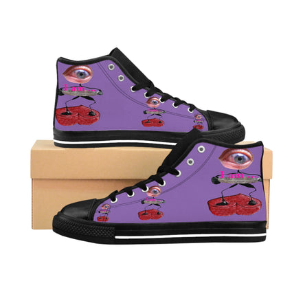 I Am – Men’s High-Top Canvas Sneakers with Surreal Eye Figure Art – Light Purple Background