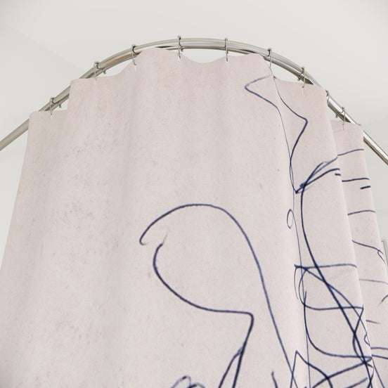 Abstract Line Art Shower Curtain — Minimalist Blue Accent Bathroom Decor