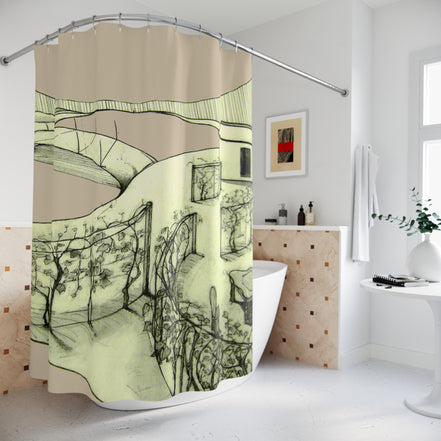 Tuscan — Hand-Drawn Landscape Shower Curtain (Creme)