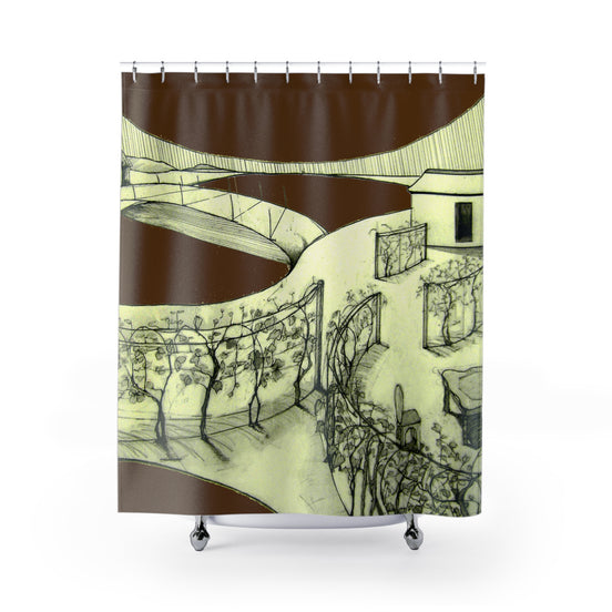 Tuscan — Hand-Drawn Landscape Shower Curtain (Dark Brown)