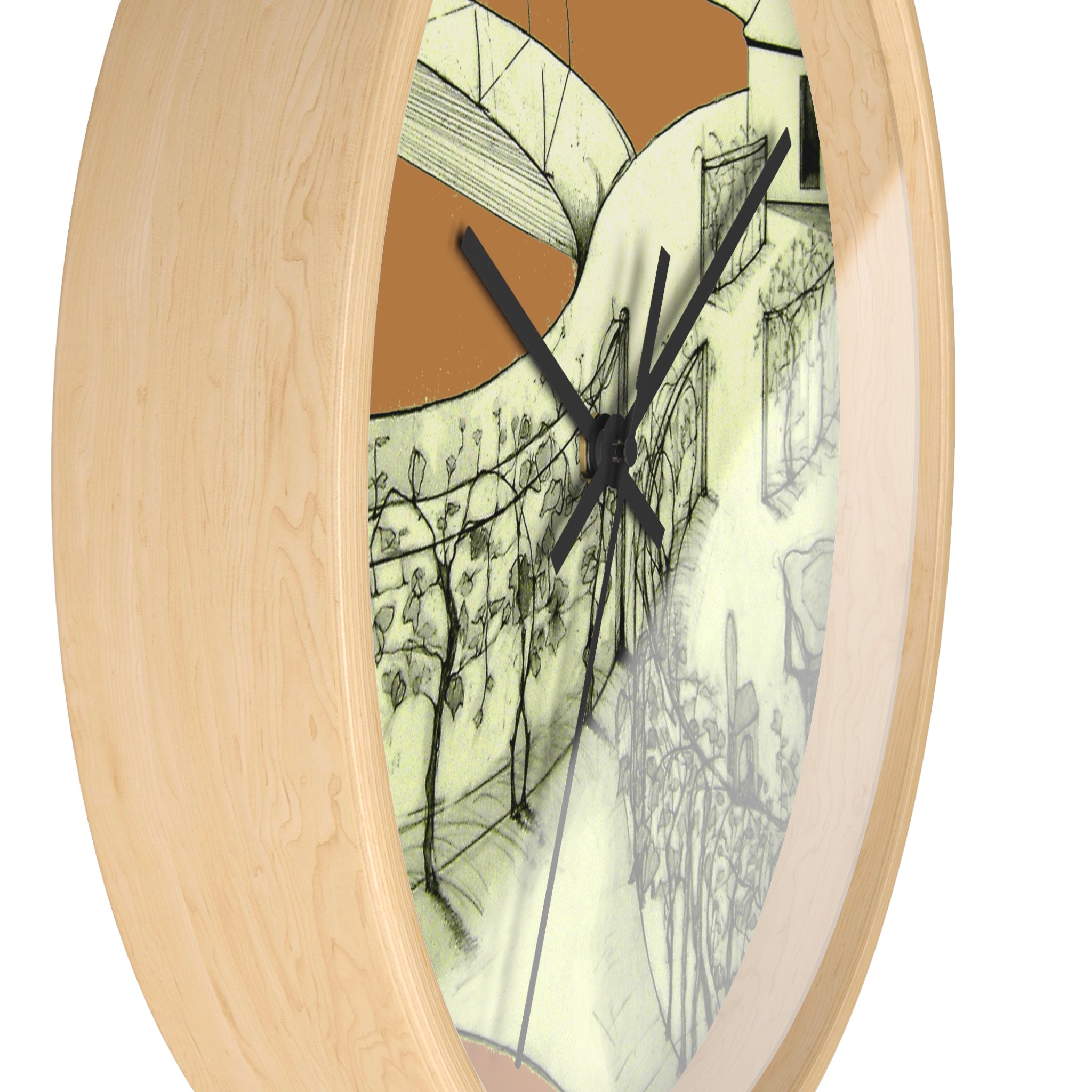 Tuscan — Hand-Drawn Landscape Designer Wall Clock (Light Brown)