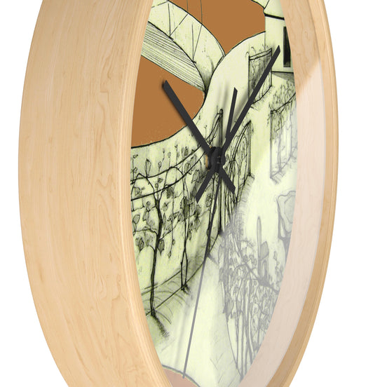 Side view of Tuscan designer wall clock showing light natural wood frame depth and black clock hands.