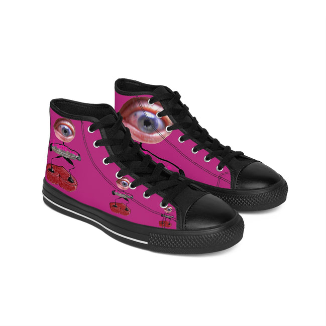 I Am – Women’s High-Top Canvas Sneakers with Surreal Eye Figure Art – Hot Pink Background