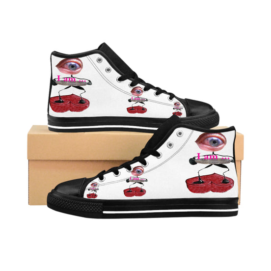 I Am – Men’s High-Top Canvas Sneakers with Surreal Eye Figure Art – White Background