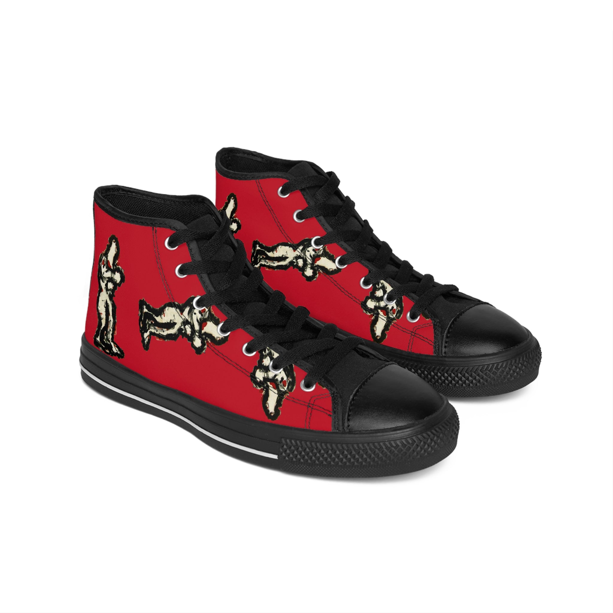 InTense – Women’s High-Top Canvas Sneakers with Abstract Figure Art – Dark Red Background