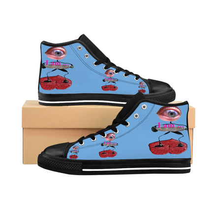 I Am – Men’s High-Top Canvas Sneakers with Surreal Eye Figure Art – Light Blue Background