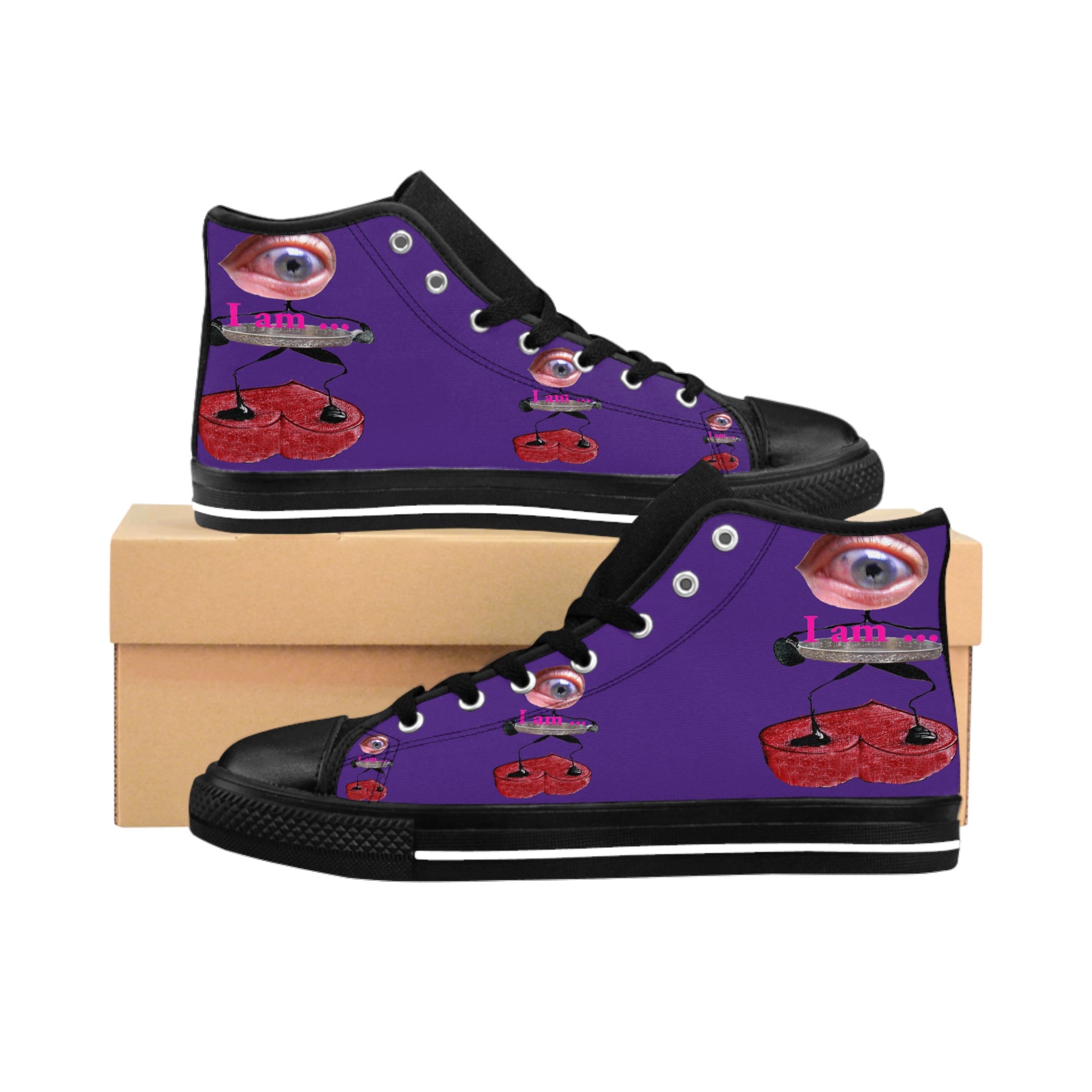 I Am – Women’s High-Top Canvas Sneakers with Surreal Eye Figure Art – Dark Purple Background