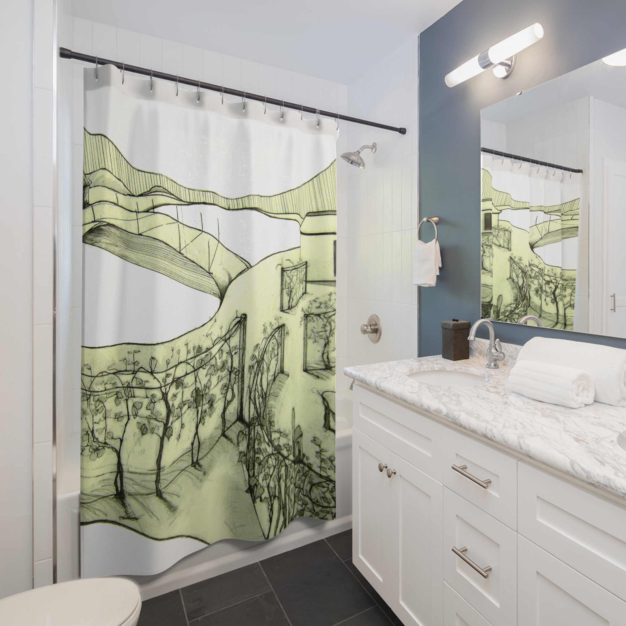 Tuscan — Hand-Drawn Landscape Shower Curtain