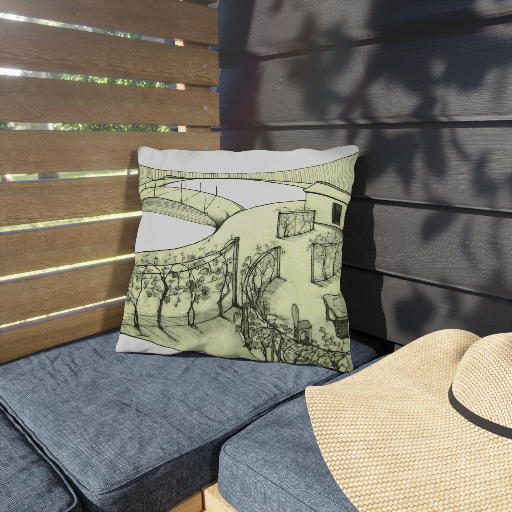 Outdoor Pillow - Sketchy Vineyard Landscape Decorative Accent Pillow