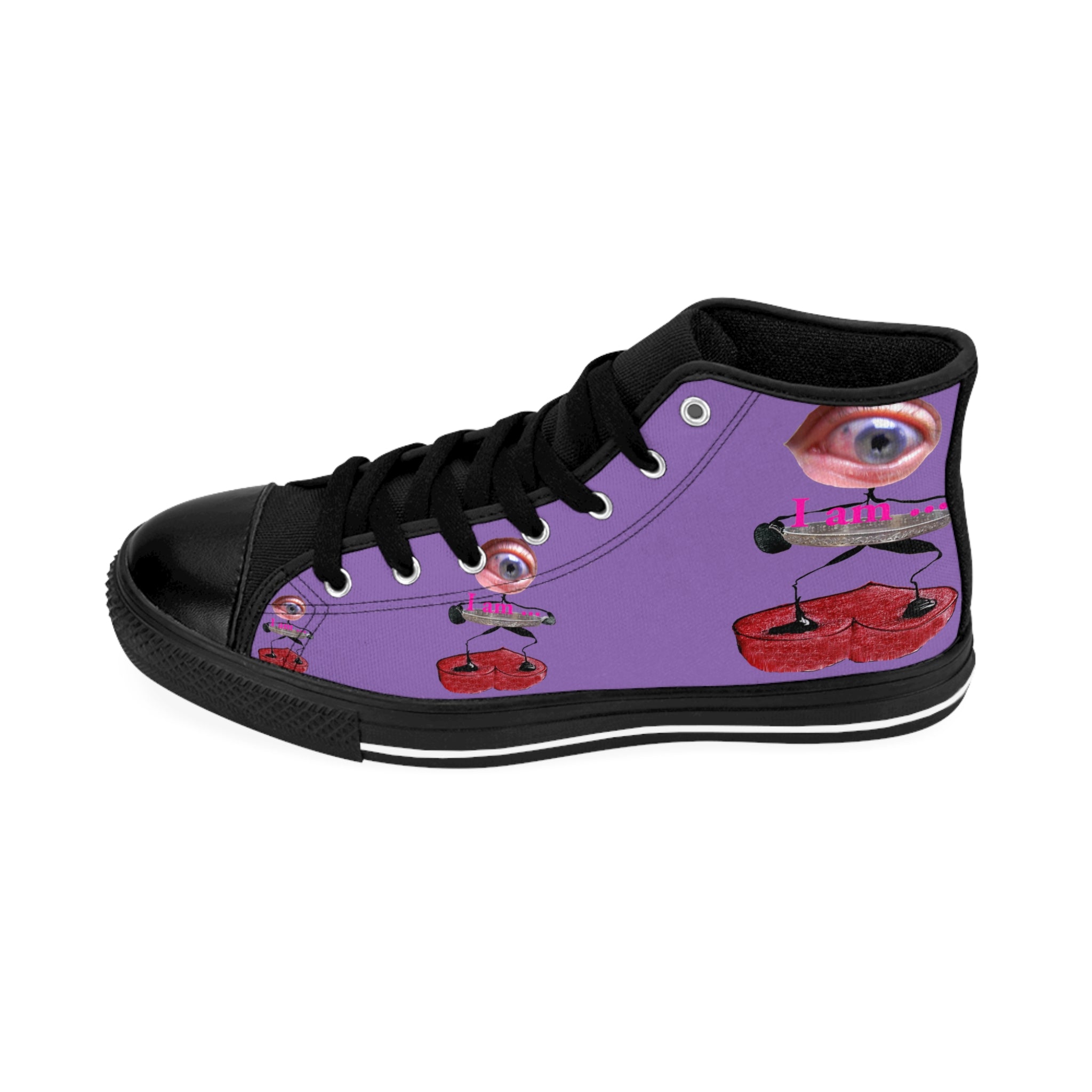 I Am – Women’s High-Top Canvas Sneakers with Surreal Eye Figure Art – Light Purple Background