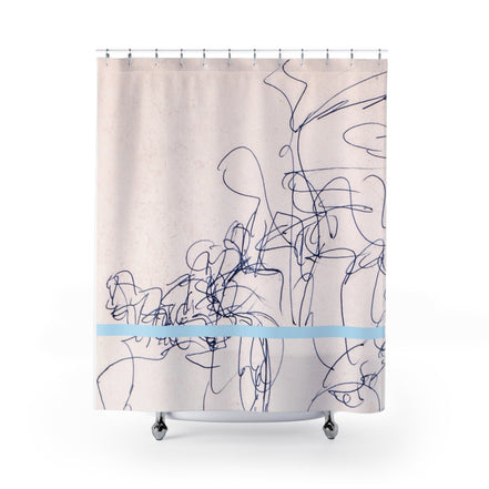 Abstract Line Art Shower Curtain — Minimalist Blue Accent Bathroom Decor
