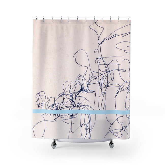 Abstract Line Art Shower Curtain — Minimalist Blue Accent Bathroom Decor