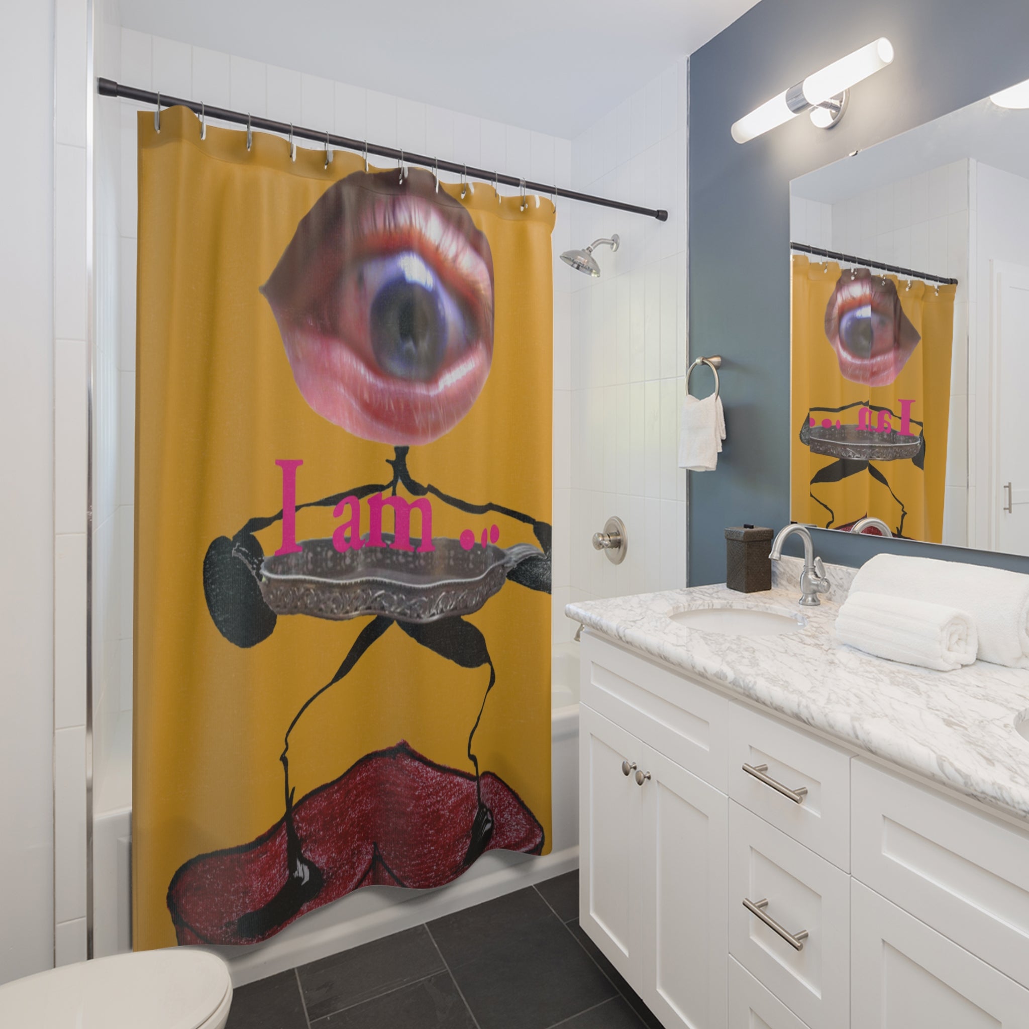 Surreal 'I Am' Art Shower Curtain – Bold Eye & Retro Collage Bathroom Decor