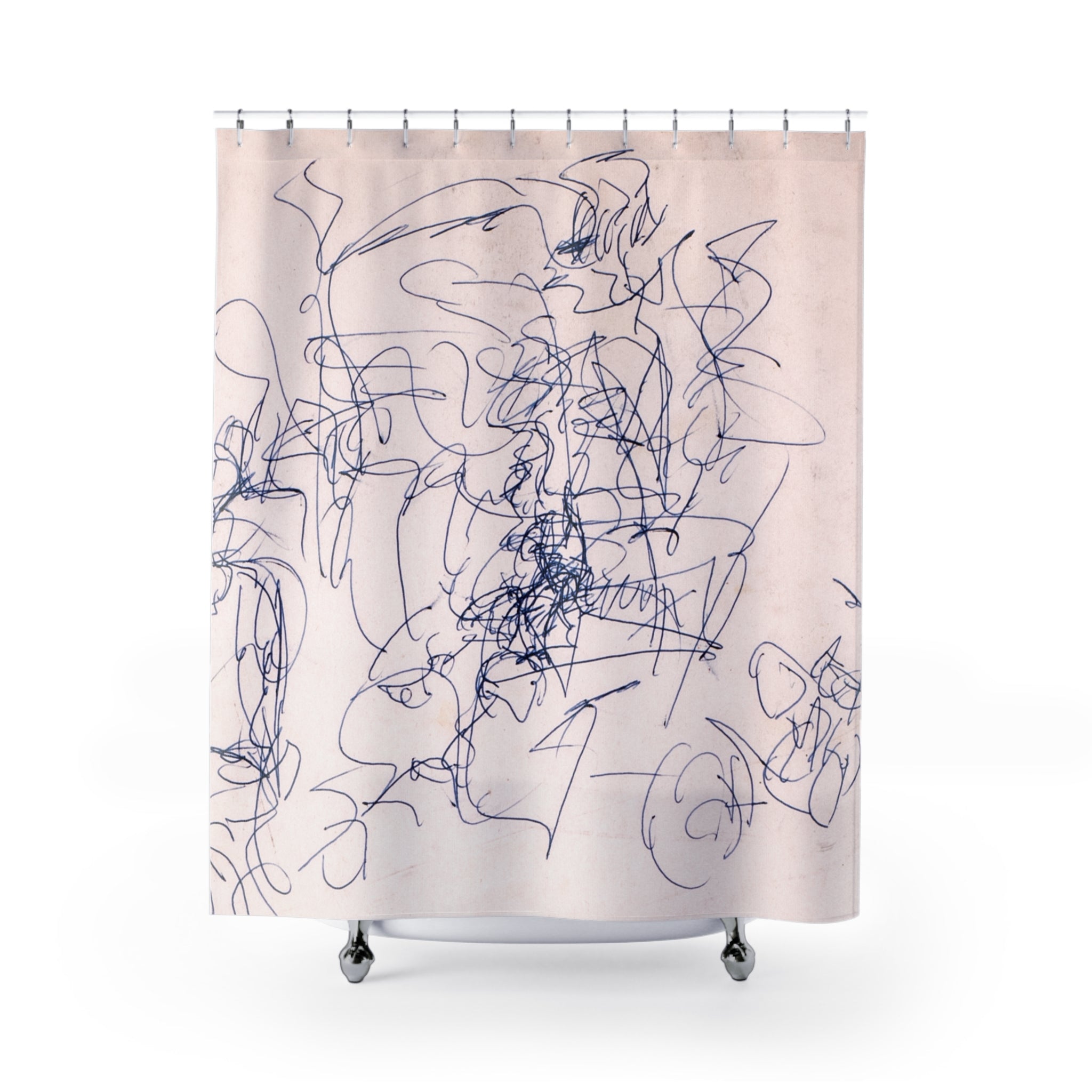 Fabric shower curtain with abstract blue scribble drawing on blush background by WG Patrick Studios.