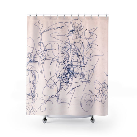 Fabric shower curtain with abstract blue scribble drawing on blush background by WG Patrick Studios.