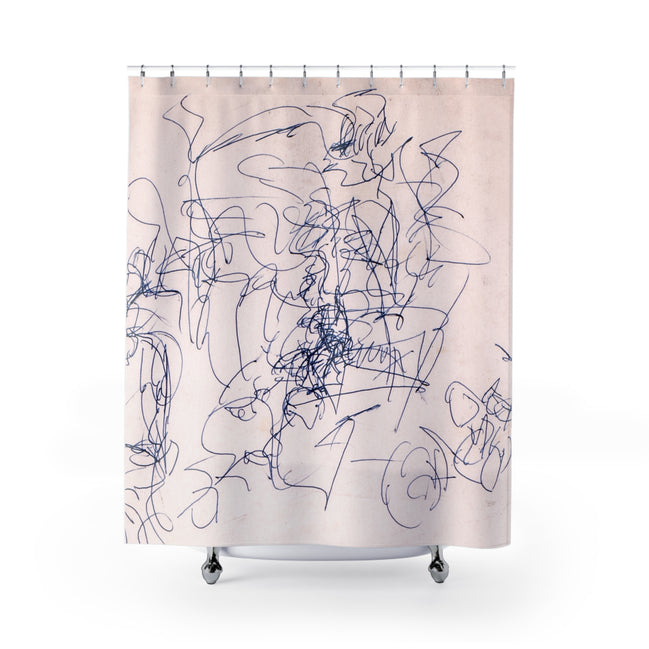 Fabric shower curtain with abstract blue scribble drawing on blush background by WG Patrick Studios.