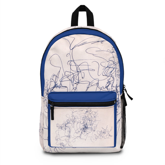 Abstract ink sketch doodle art backpack on dark blue background from WG Patrick Studios.