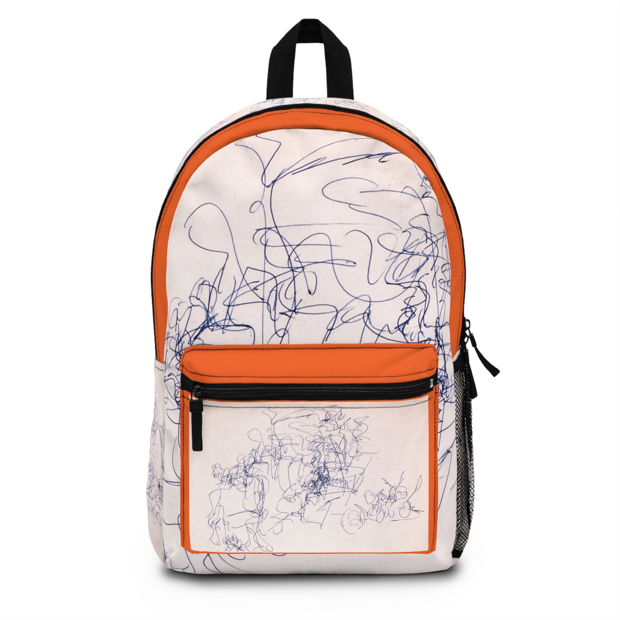 Abstract ink sketch doodle art backpack on dark orange background from WG Patrick Studios.