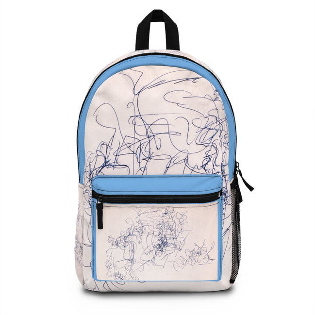 Abstract ink sketch doodle art backpack on light blue background from WG Patrick Studios.