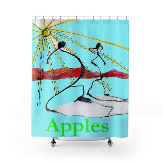 Fabric shower curtain with narrative abstract apples in motion artwork, layered colorful shapes by WG Patrick Studios.