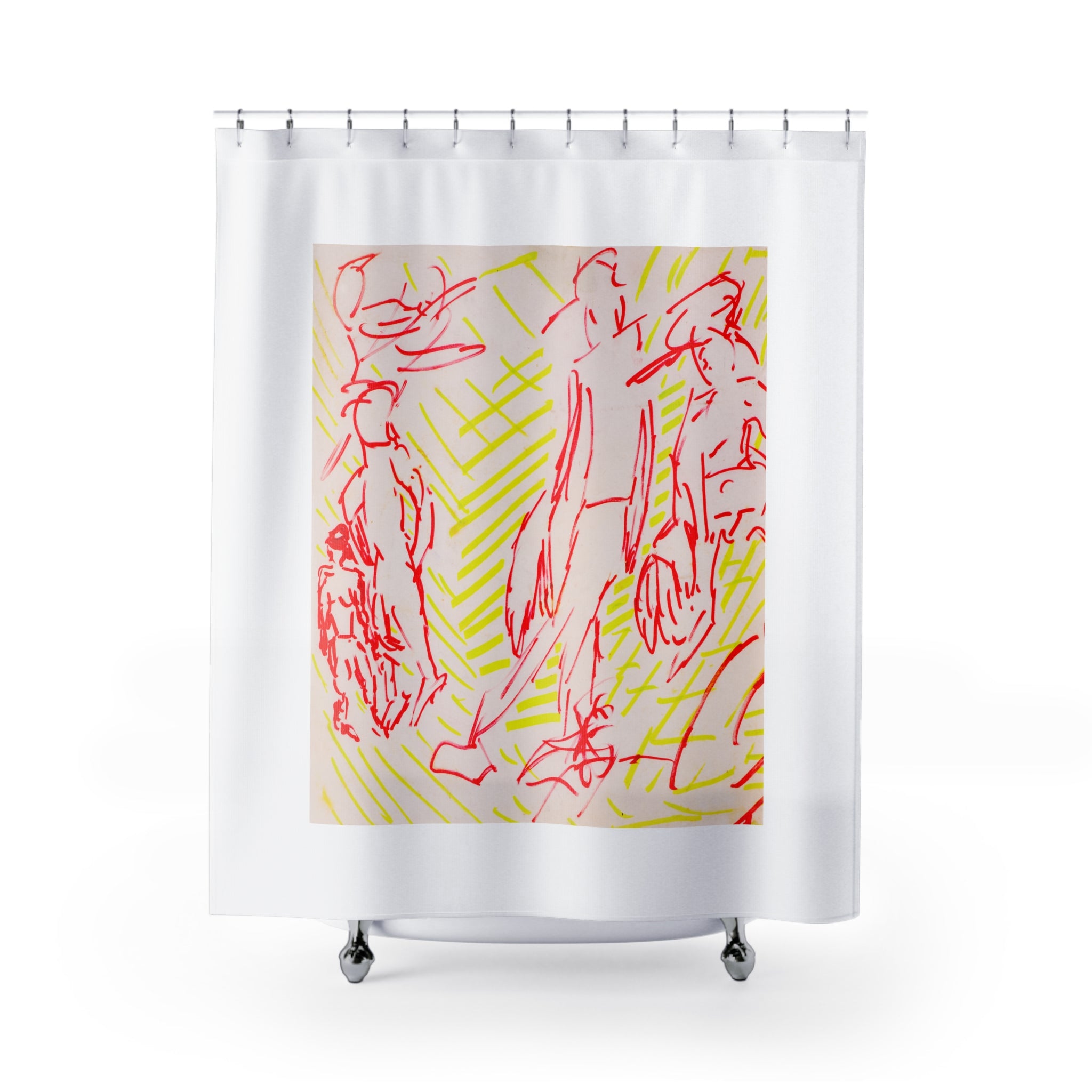 Fabric shower curtain with red line figures and neon yellow hatch marks on light background, Ballgame 2 artwork by WG Patrick Studios.