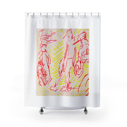 Fabric shower curtain with red line figures and neon yellow hatch marks on light background, Ballgame 2 artwork by WG Patrick Studios.