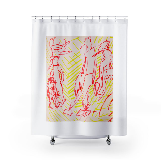 Fabric shower curtain with red line figures and neon yellow hatch marks on light background, Ballgame 2 artwork by WG Patrick Studios.