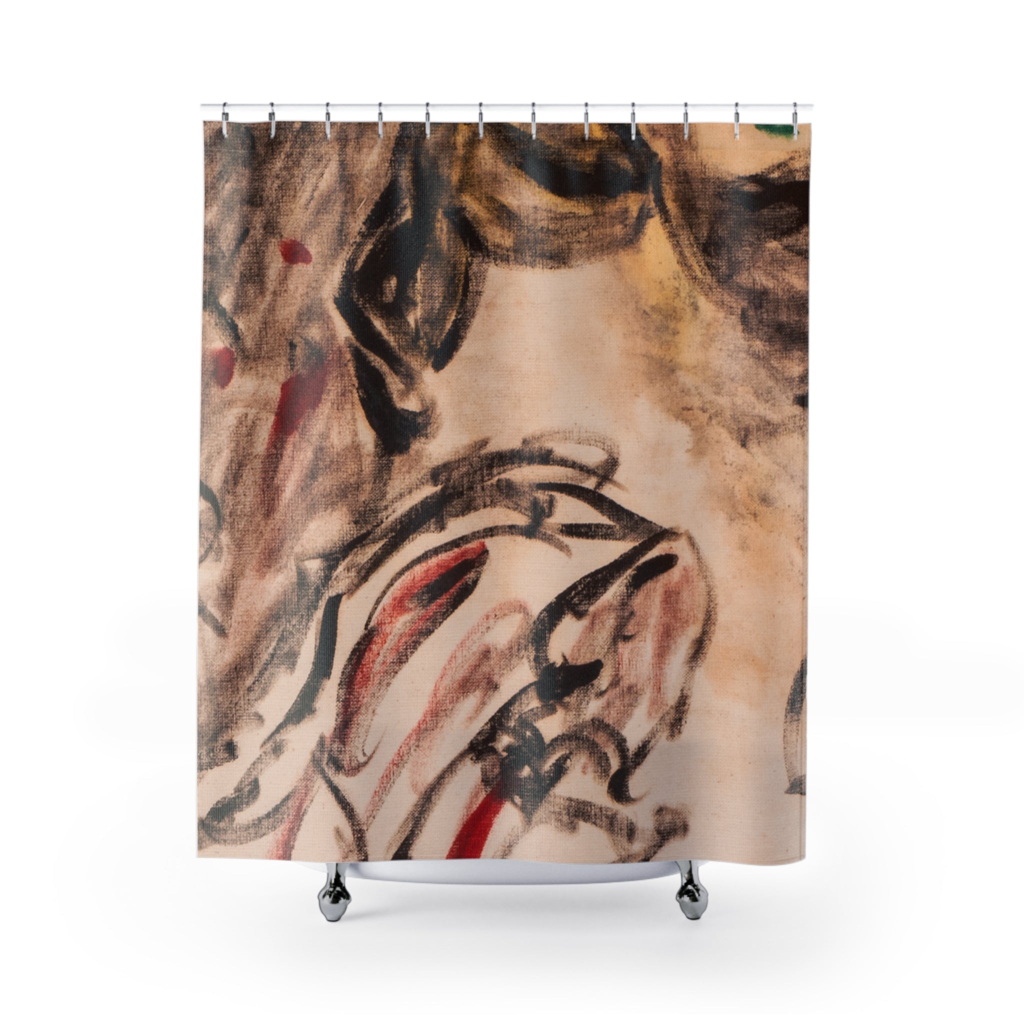 Abstract expressionist shower curtain with warm neutral tones and painterly red and black brushstrokes