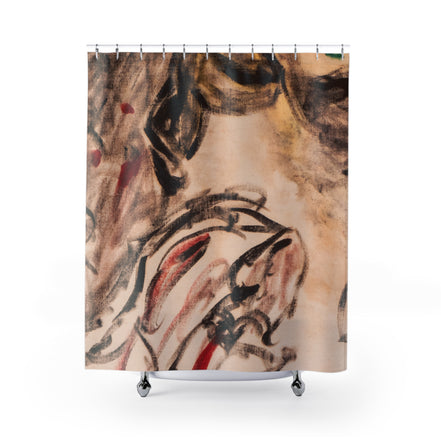 Abstract expressionist shower curtain with warm neutral tones and painterly red and black brushstrokes