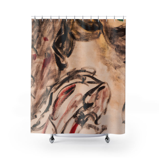 Abstract expressionist shower curtain with warm neutral tones and painterly red and black brushstrokes