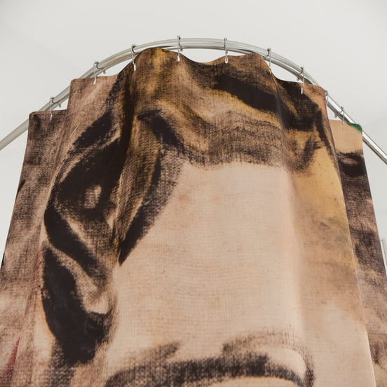 Painterly abstract shower curtain detail with layered brushstrokes in brown, red, and charcoal tones