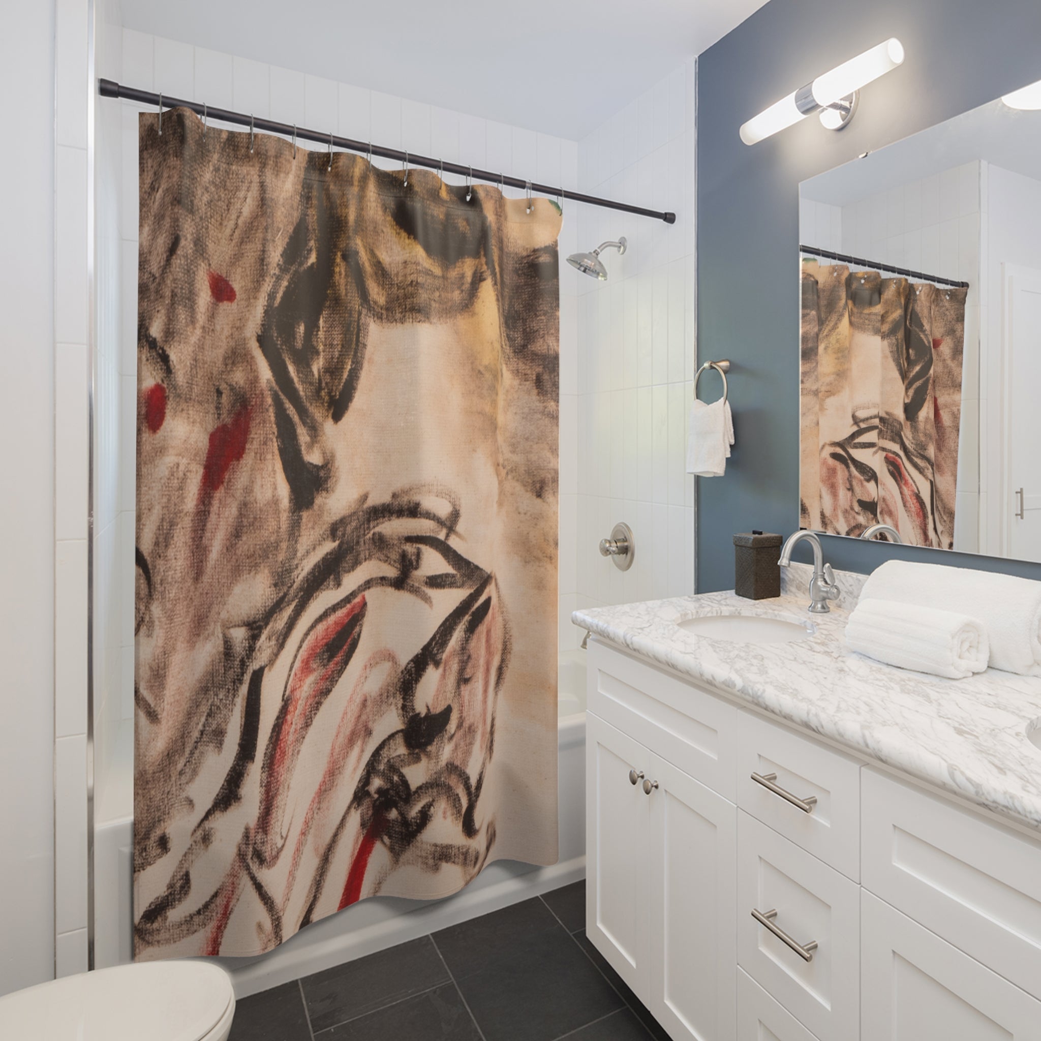 Modern bathroom styled with an abstract expressionist shower curtain in warm neutral colors