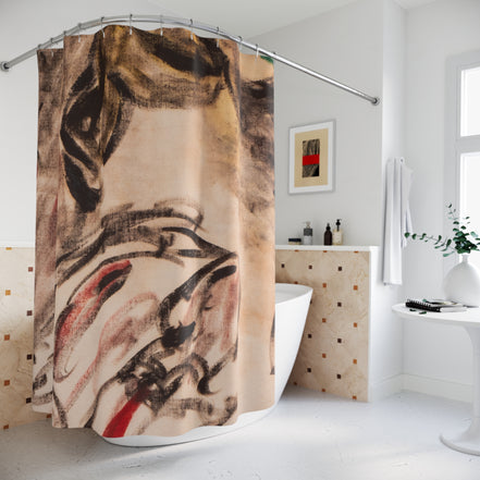 Statement shower curtain featuring expressive abstract brushwork in a contemporary bathroom setting