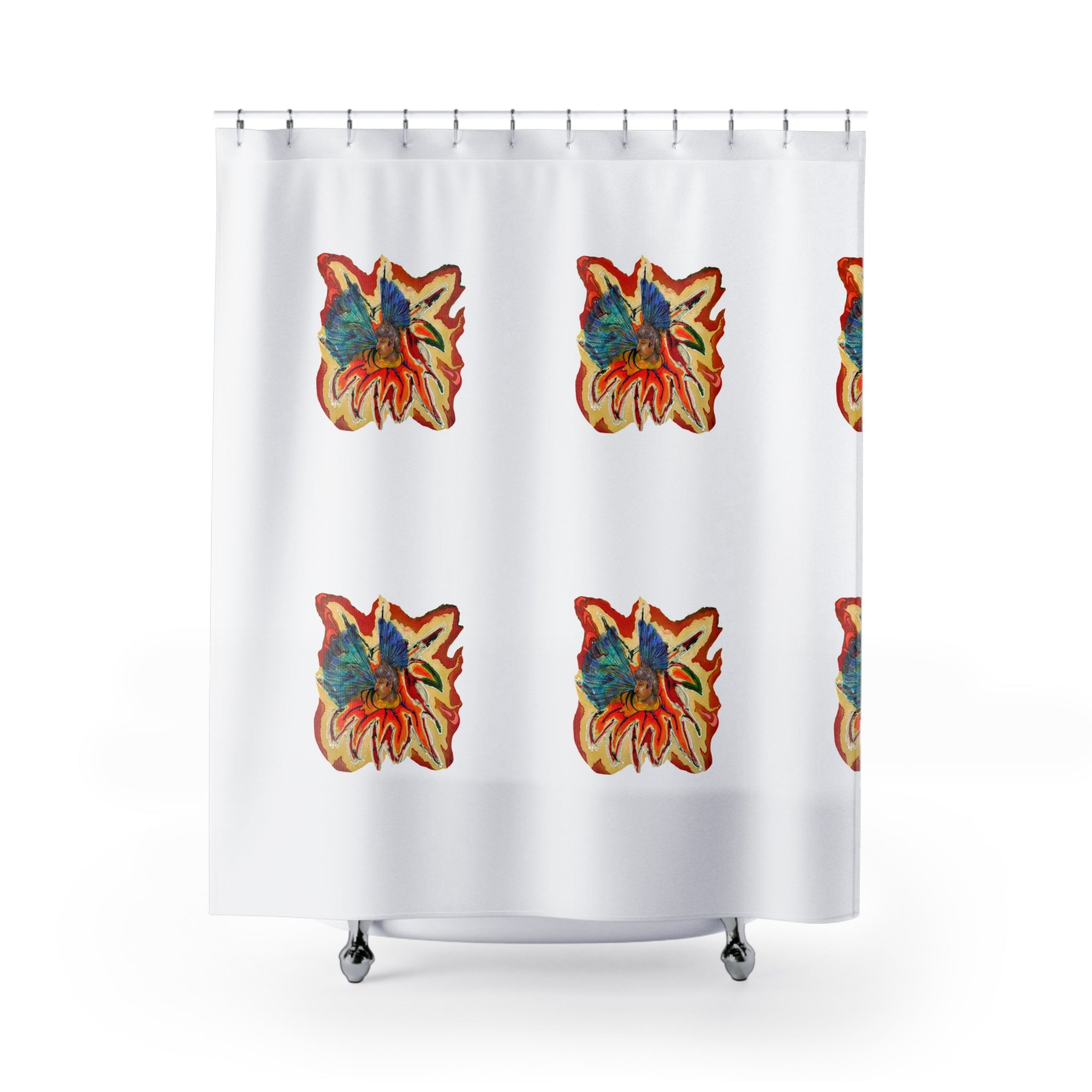 Fabric shower curtain with botanical bee and flower pattern, Bee Bloom artwork by WG Patrick Studios.