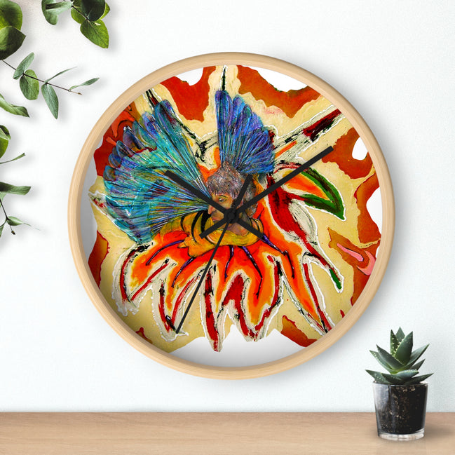 Abstract Abstract bee art wall clock with bee and pollen bloom illustration on a white face, light wood frame, hanging above a shelf next to a plant.bee art wall clock with bee and pollen bloom illustration on a white face, light wood frame, hanging above a shelf next to a plant.
