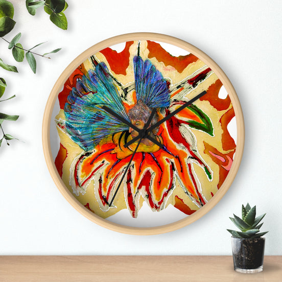 Abstract Abstract bee art wall clock with bee and pollen bloom illustration on a white face, light wood frame, hanging above a shelf next to a plant.bee art wall clock with bee and pollen bloom illustration on a white face, light wood frame, hanging above a shelf next to a plant.