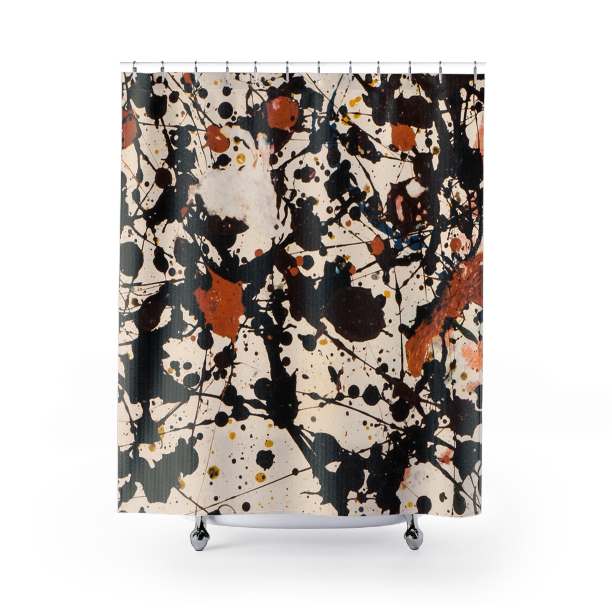 Abstract paint splatter shower curtain with warm off-white background and brown, black, and orange accents