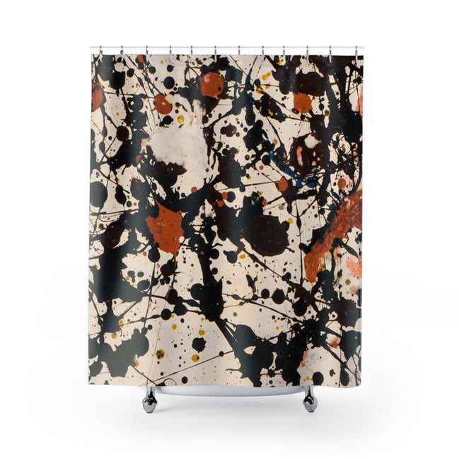 Abstract paint splatter shower curtain with warm off-white background and brown, black, and orange accents