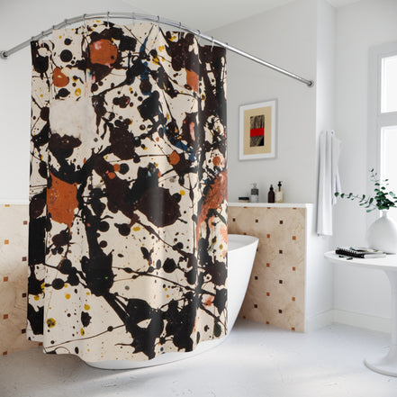 Statement shower curtain featuring expressive paint splatter artwork in a contemporary bathroom setting