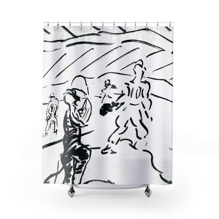 Black and white shower curtain with ink-style line drawing of figures in motion on a beach