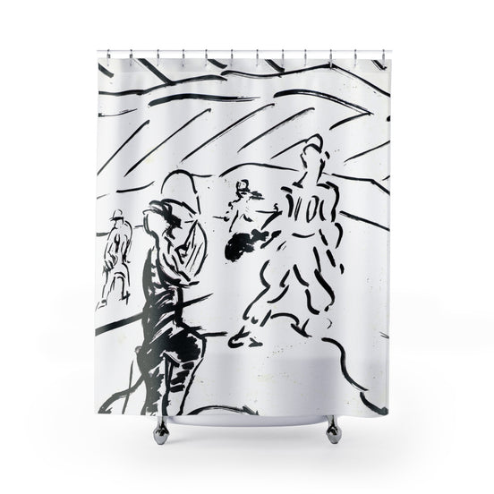 Black and white shower curtain with ink-style line drawing of figures in motion on a beach
