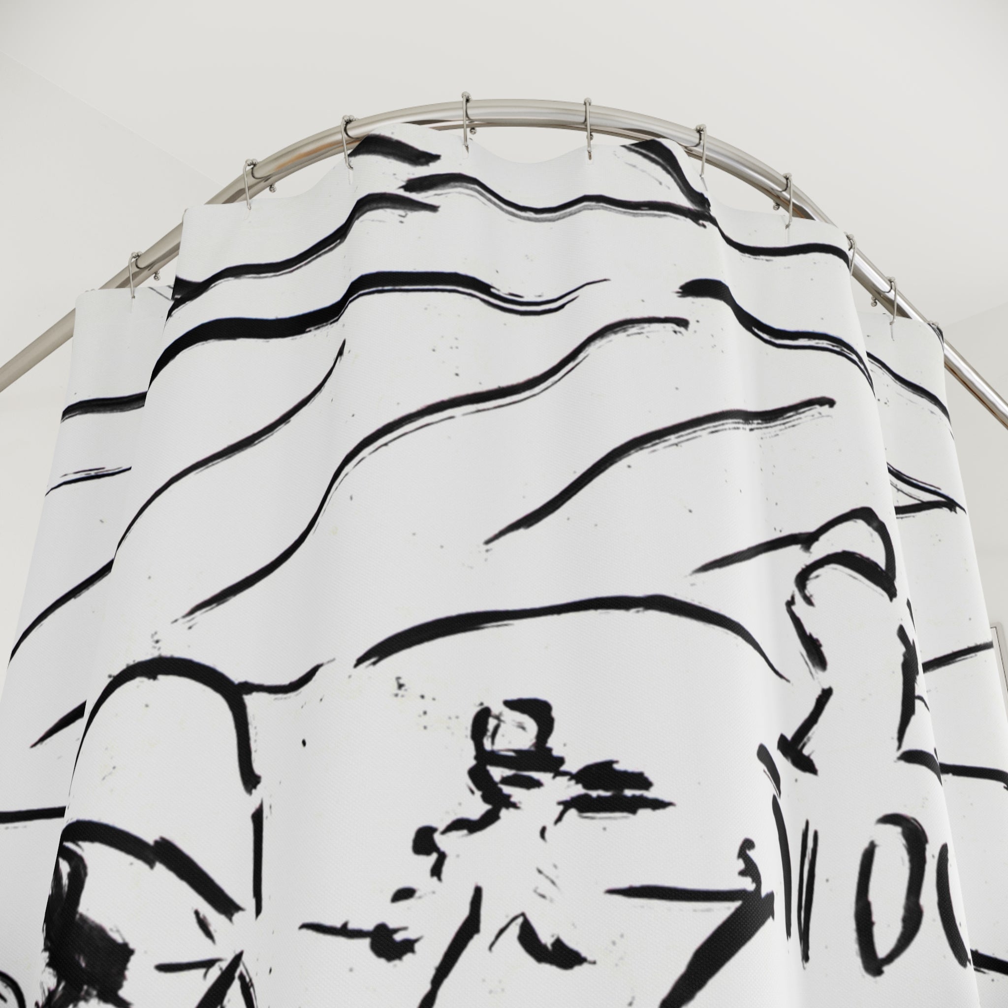 Ink line drawing shower curtain detail with sketch-style figures and flowing brushstroke lines