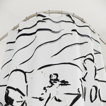 Ink line drawing shower curtain detail with sketch-style figures and flowing brushstroke lines