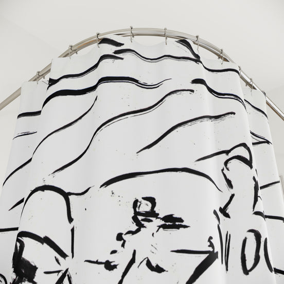 Ink line drawing shower curtain detail with sketch-style figures and flowing brushstroke lines