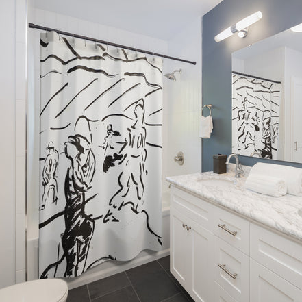 Modern bathroom styled with a black and white ink drawing shower curtain featuring beach figures
