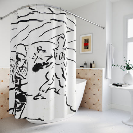 Statement shower curtain with monochrome sketch art and figures in motion in a contemporary bathroom setting