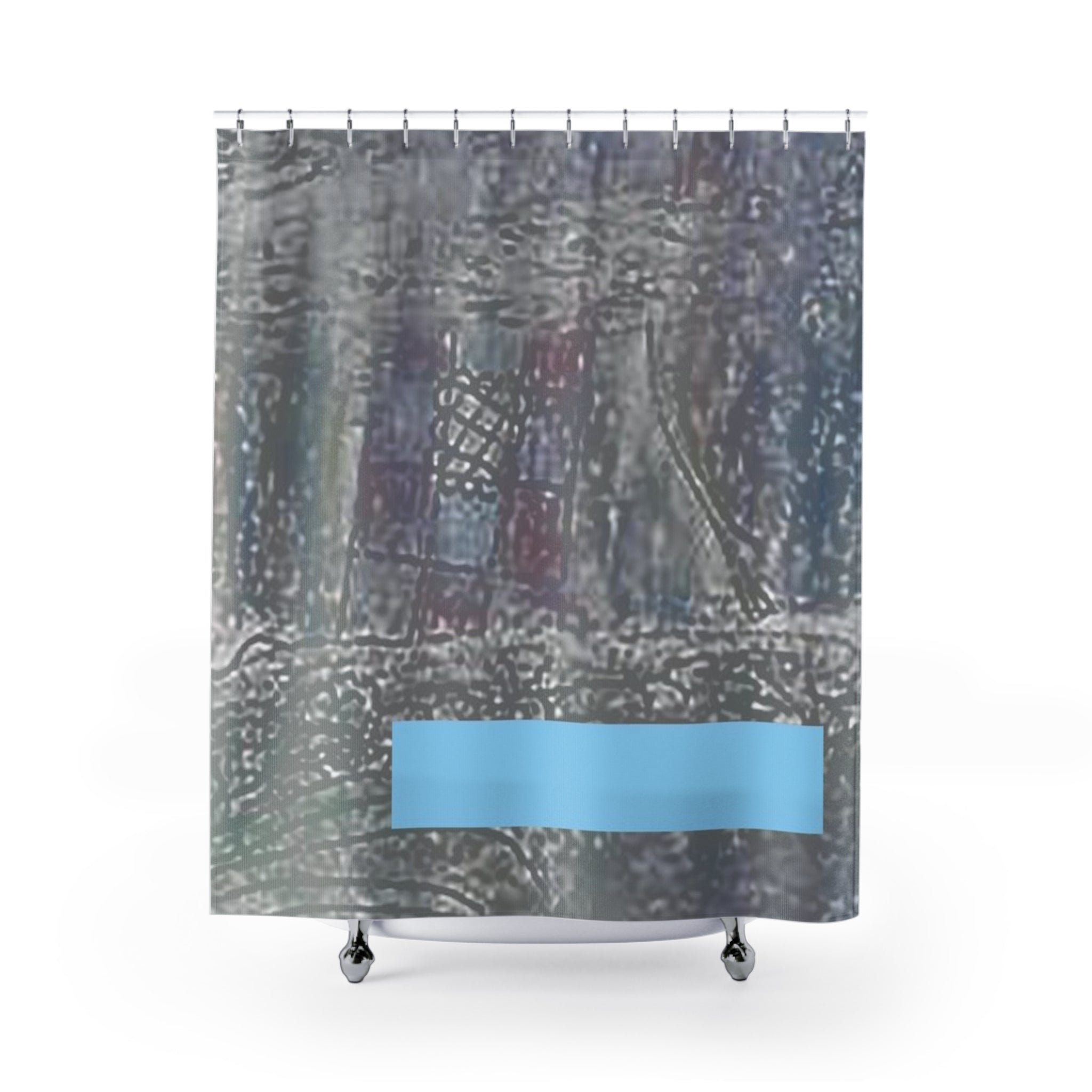 Abstract textured shower curtain with layered grey-brown pattern and muted blue horizontal band