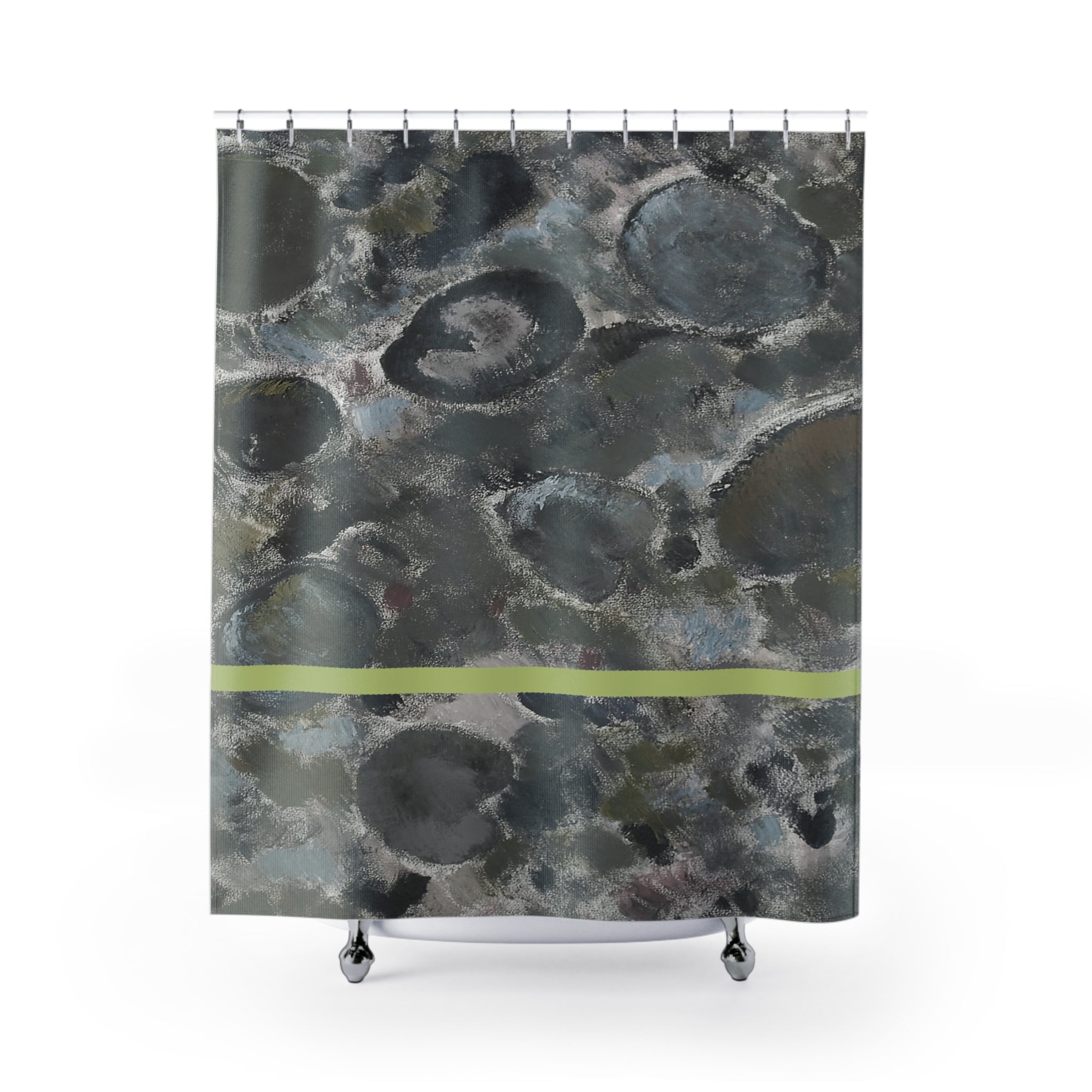 Stone-textured abstract shower curtain with layered grey forms and subtle green horizontal line