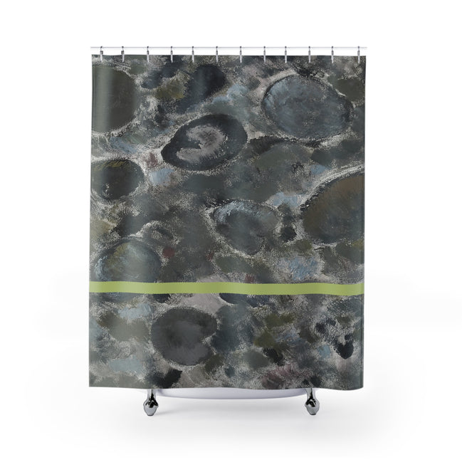 Stone-textured abstract shower curtain with layered grey forms and subtle green horizontal line
