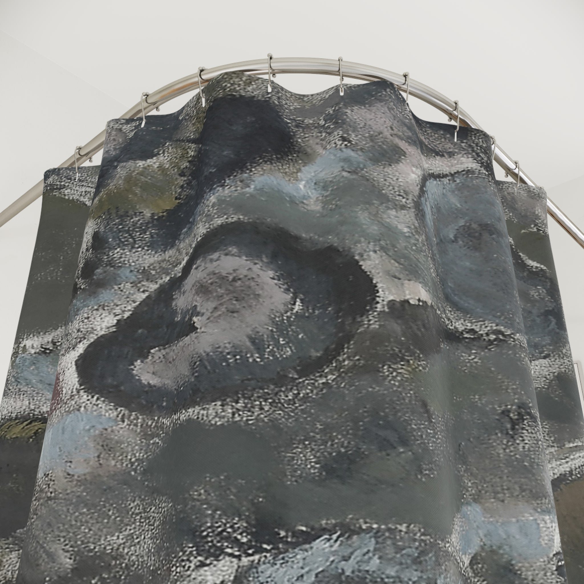 Abstract stone texture shower curtain detail in grey tones with minimalist green line accent
